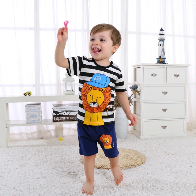 Infant Baby Boy Stripe Cartoon Printed Short Sleeve Shirt + Shorts Outfit Set