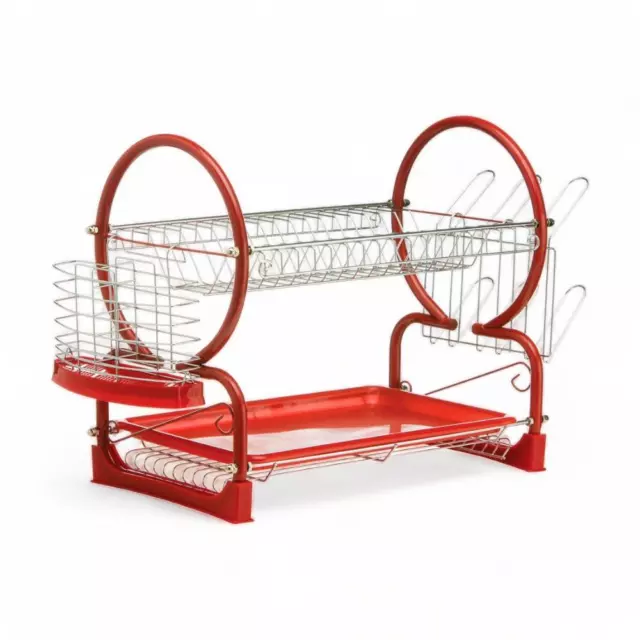 Red Enamel Coated Two Tier Dish Drainer with Cup & Cutlery Sections