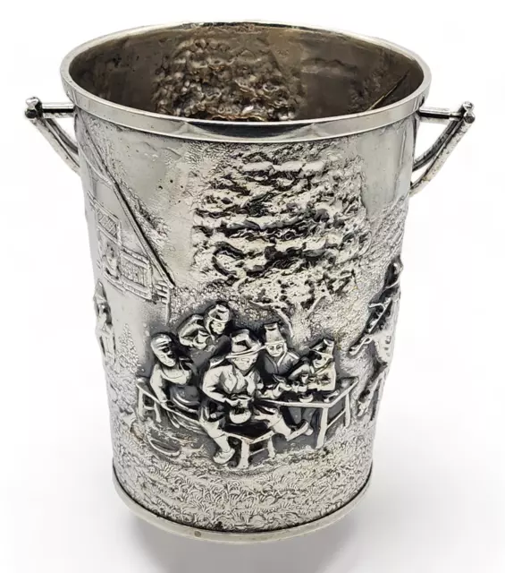 Vintage DENMARK Silver Plate Ice Bucket with Handle ~ VILLAGERS SCENE ~