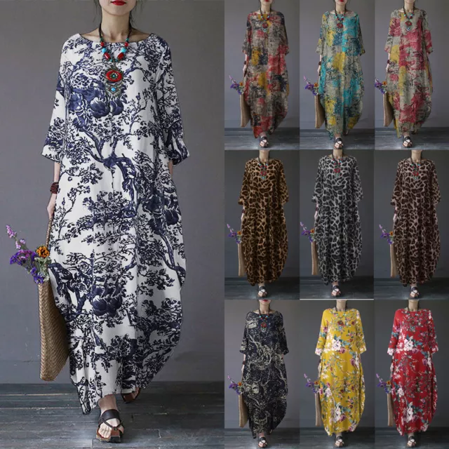 UK Womens Long Sleeve Floral Printed Casual Loose Kaftan Baggy Party Maxi Dress