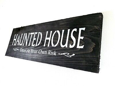 Old West Distressed Primitive Country Wood Sign -  Haunted House 5" x 16"