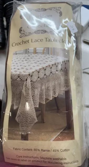 VTG New Heirloom Home Collection CROCHET LACE IVORY TABLECLOTH Oblong 52”X 70”.
