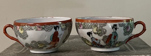 Vintage Set Of 2 Japanese Geisha Ware Hand Painted Porcelain Tea Cups