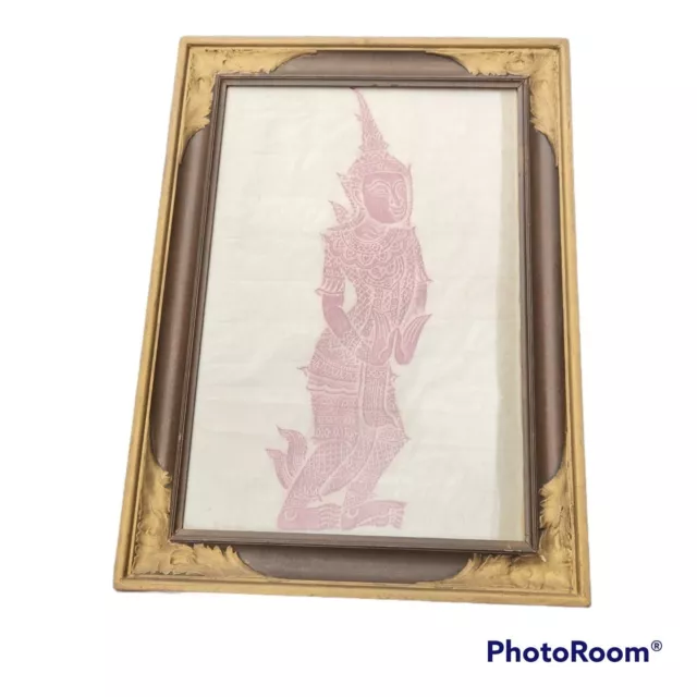 Framed vintage MCM 50s 60s Thai Temple Rubbing rice paper Hindu asian cambodian