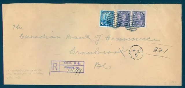 Canada 1930 Scoll/Arch Combo Yahk Bc Reg Cover