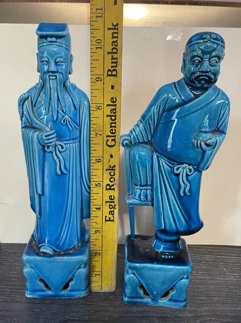 Vintage Pair Antique Chinese Figurine Sculpture  Turquoise Glaze Buddha Mark Art