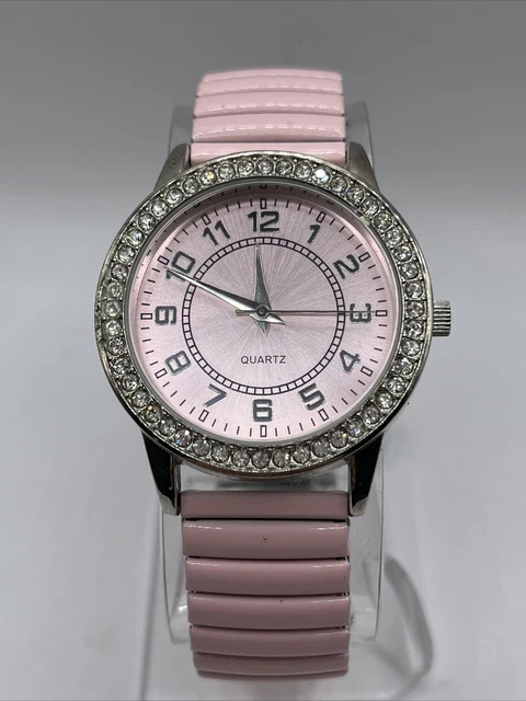 Women's Pink Stretch Band Quartz Fashion Watch Rhinestone Bezel- New Battery