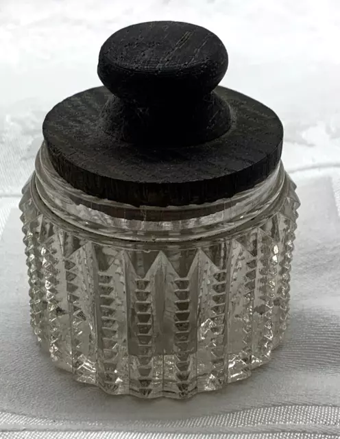 Victorian Dresser Jar Cut Glass Edge with Wood Lid Vanity Make Up