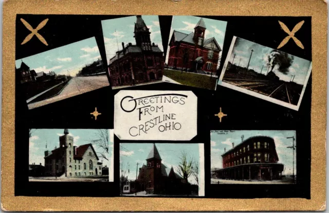 Greetings from Crestline Ohio Mutli View Train Churches Depot Street Postcard