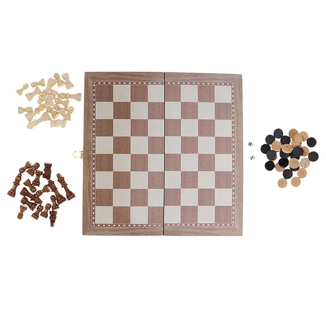 3-en-1 Jeu De Dames D'échecs En Bois Portable Pliant Enfant Adulte Echecs Dames Backgammo