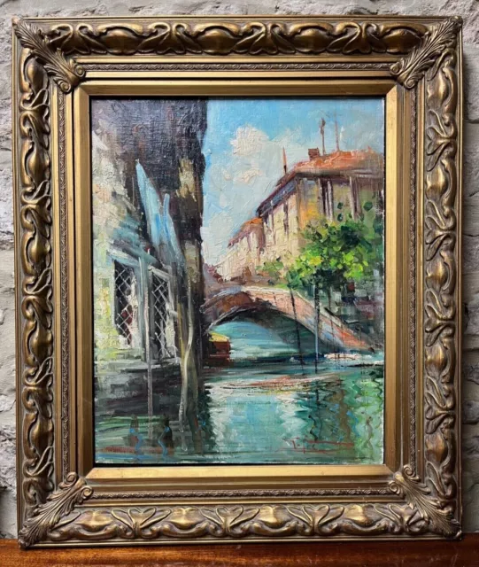 Venice canal scene oil painting on board in a gilt frame, Venice Canal