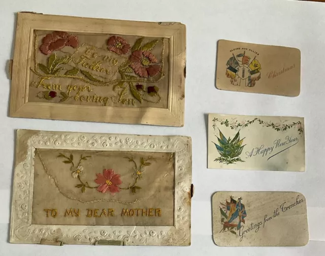 WWI Embroidered Postcards - Silks- + Three Miniature Gift Cards