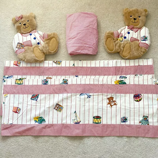 Teddy Bear Nursery Valance Vintage Toys Crib Sheet Farmhouse Cottage Red Gingham