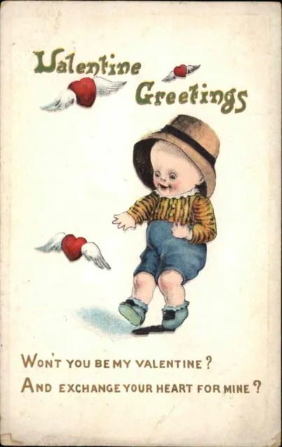 Valentine Cute Kids Little Boy Chasing Winged Hearts c1910 Vintage Postcard