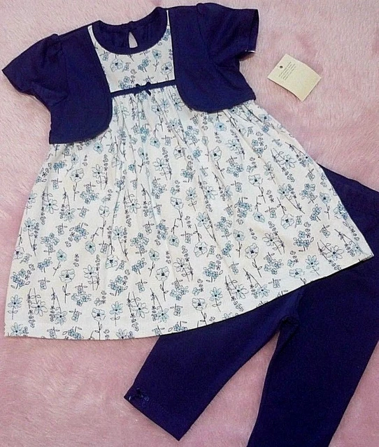 BNWT Baby Girls Pretty Navy Blue 2pc Dress Cardigan Leggings Summer Outfit 0-3-6
