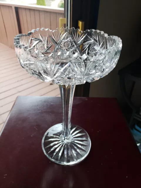 9.5" COMPOTE Bowl American Brilliant Period Cut Glass Crystal Pinwheel Hobstars