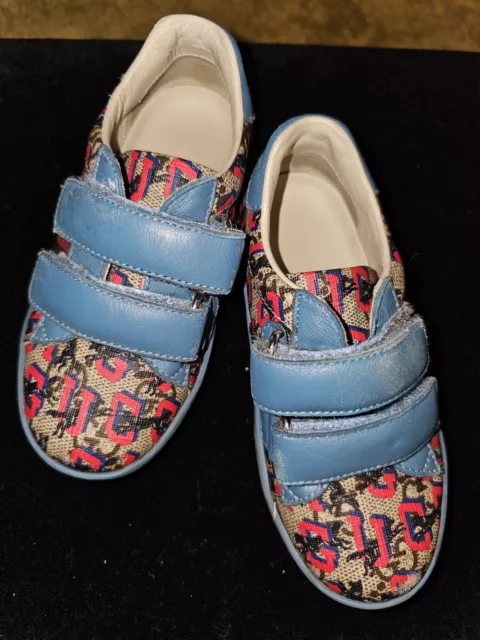 GUCCI Kids Ace Leather 2 Strap Sneakers Size 24 Blue Logo