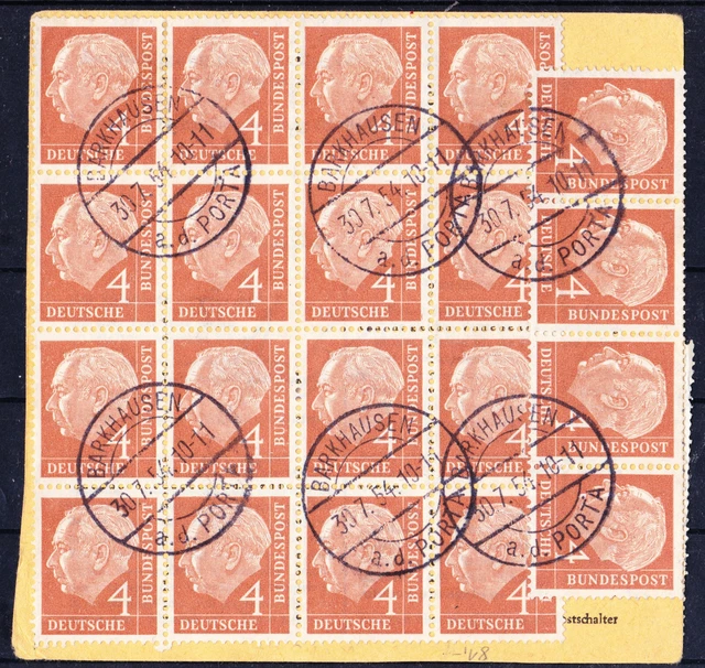 Bund Heuss I, 4 Pf, Mi. 178 im 16er-Block & waager. 4er-Streifen auf Paketkarte