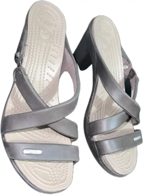 CROCS Cypress IV Brown/Pink Strappy Slip on High Heel Sandal Shoes - Size 7  W