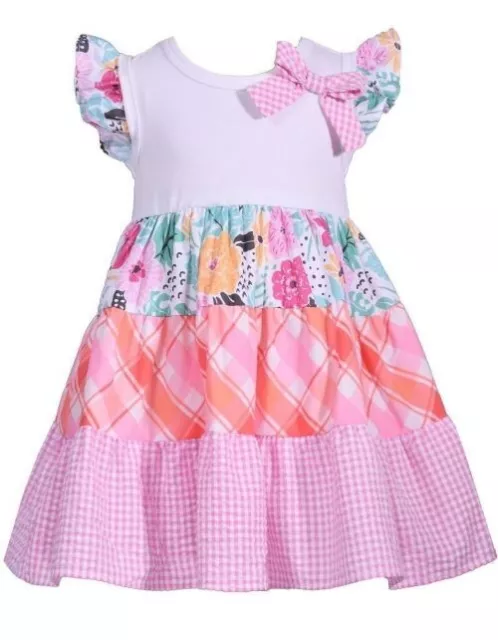 NWT Bonnie Jean Girls 6-9 Months Pink Floral Mixed Print Tiered Poplin Dress Set