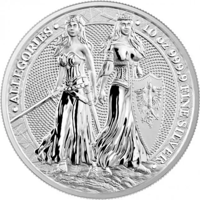 Polonia & Germania 2022 The Allegories 50 Mark 10 Oz Pure Silver Bu Coin Blister