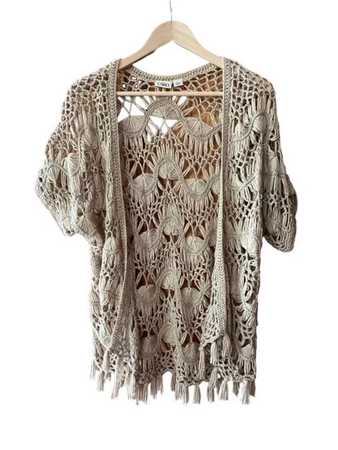 Cato Large Boho Crochet Macrame w/Fringe Open Knit Short Sleeve Cardigan Sweater