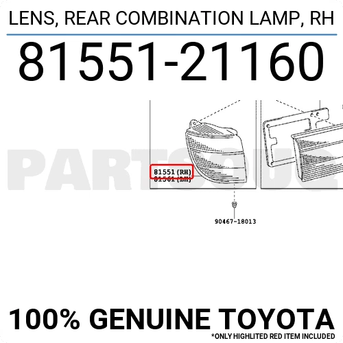 8155121160 Genuine Toyota LENS, REAR COMBINATION LAMP, RH 81551-21160 OEM