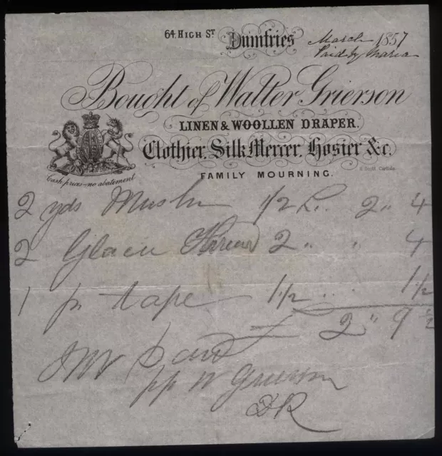 1857 DUMFRIES - Walter Grierson- LINEN & WOOLEN DRAPER, Silk Mercer, 64 High St