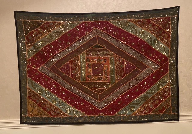 Vintage Tapestry Hand Embroidered With Beads and Sequins  56”x 40”
