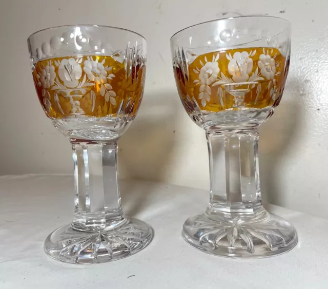 Rare Pair Hand Cut To Clear Thick Stem Crystal Orange Glass Wine Goblet Glasses