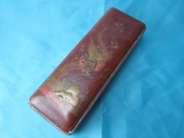 Japanese Authentic Period makie black lacquer Clematis florid maki-e pencil case