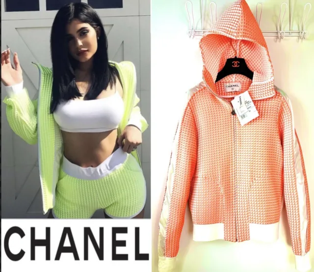 3K Mint Chanel Kylie 2017 Orange Word Logo Jacket 34 36 38 2 4 6 Coat Hood S M