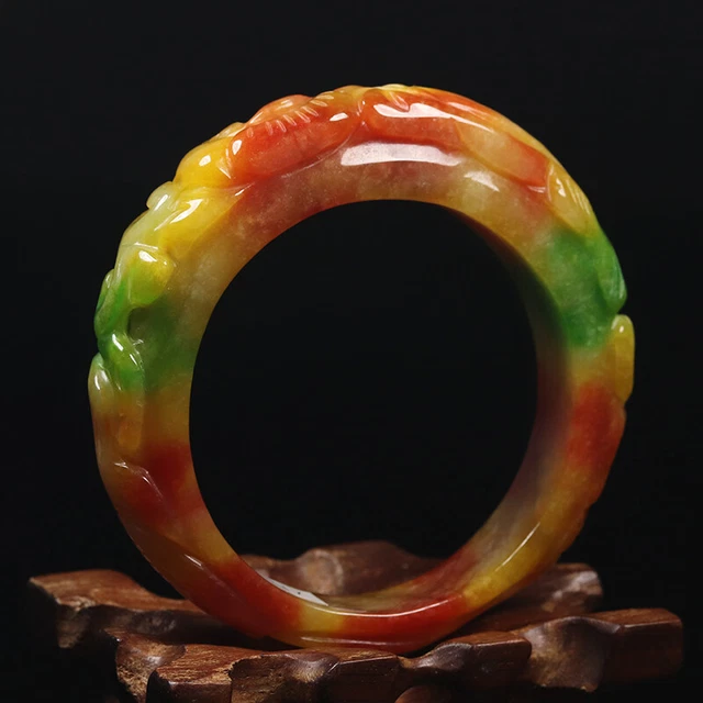52mm Natural Brown Green Jadeite Jade Bangle Bracelet Handmade Fish Lotus 85504