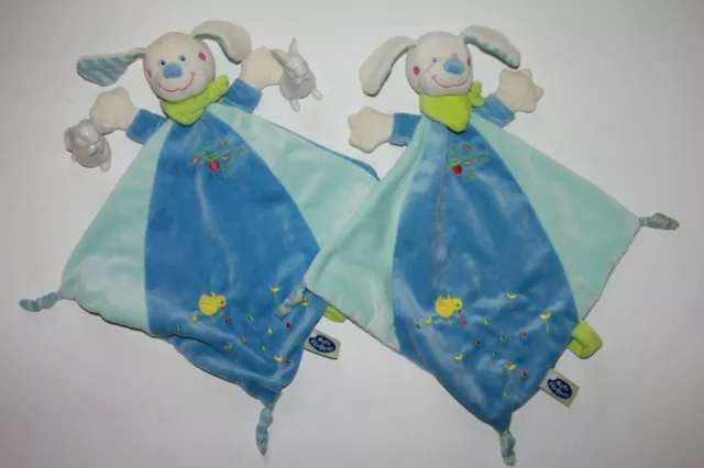 DOUDOU MOTS D'ENFANTS CHIEN PLAT BLEU VERT ECHARPE POUSSIN  lot  2 com neuf