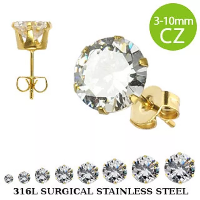 Pair of Gold Plated Round CZ 316L Surgical Steel Stud Earrings - Various Sizes