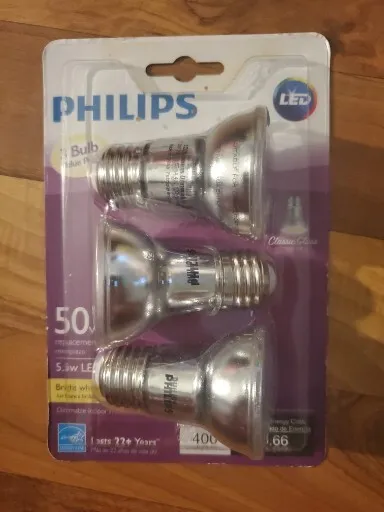 Philips 50w LED Light Bulb Dimmable Glass Bright White 5.5W E26 Par16 L 3 Pack