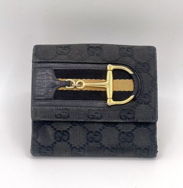 Authentic Gucci Vintage Wallet  Bifold Black GG Canvas Leather Sherry Horsbit