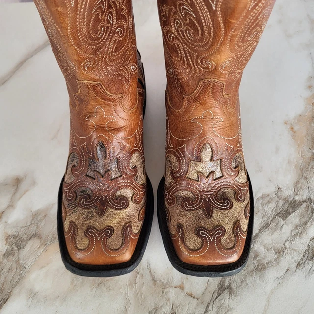 JB DILLON MENS 6.5 D Cowboy Boots Tan Brown Leather Inlay Square Toe £ ...