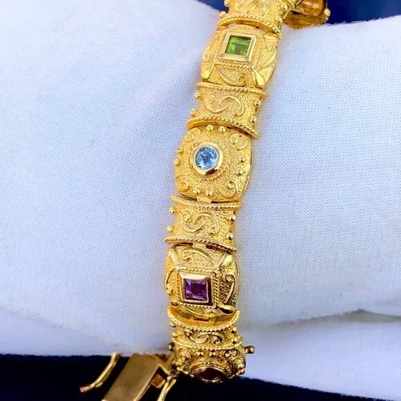 VTG Technibond Etruscan 18k Gold Vermeil Sterling Silver Multi Gemstone Bracelet