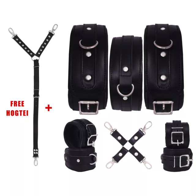 Real Cowhide Leather Wrist Ankle Thigh Cuffs Restraint Set 7 Pieces with Hogties