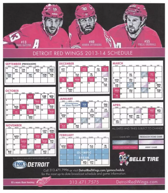 RARE VERSION 201314 Detroit Red Wings NHL Hockey Schedule !!! Belle