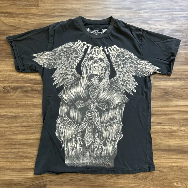 Affliction T Shirt Large Skull Wings Cross Distressed Shirt
