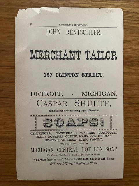 Antique Ad (1879) JOHN RENTSCHLER MERCHANT TAILOR Detroit, MI