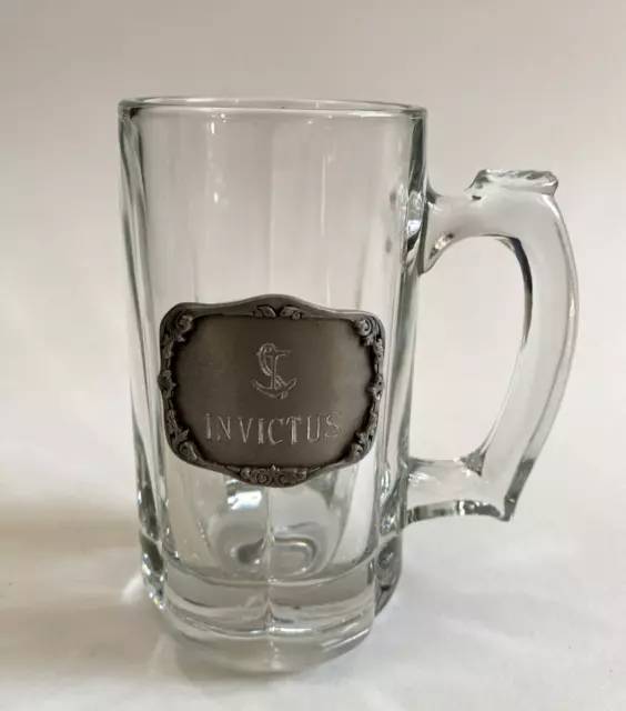 Golf Beer Mug Stein w/Pewter Plaque, Vintage Heavy Glass Crystal Invictus 6"