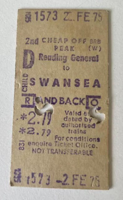 Vintage 1970s British Rail Train Ticket  READING to SWANSEA