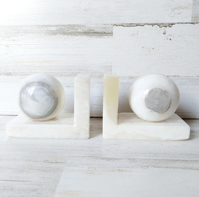 VINTAGE BOOKENDS MCM Alabaster Heavy Stone Marbled Sphere Orb