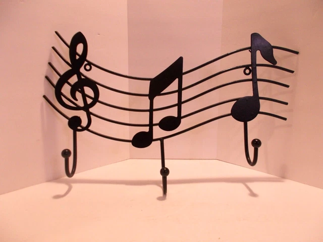 Black Metal Music Notes & Treble Clef on Staff Hooks Coat Rack Wall Hanging