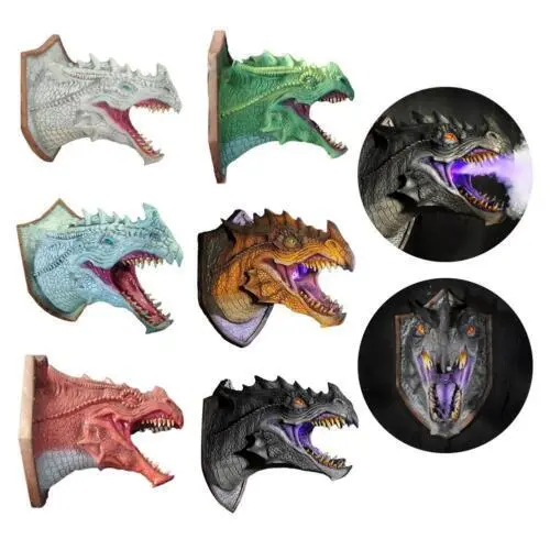 Wall Mounted Dinosaur Sculpture 3D LED Smoke Dragon Head Prop Art Home Decor