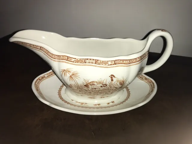 FURNIVALS Brown QUAIL 1913 ENGLAND Gravy Boat With Under Plate MINT