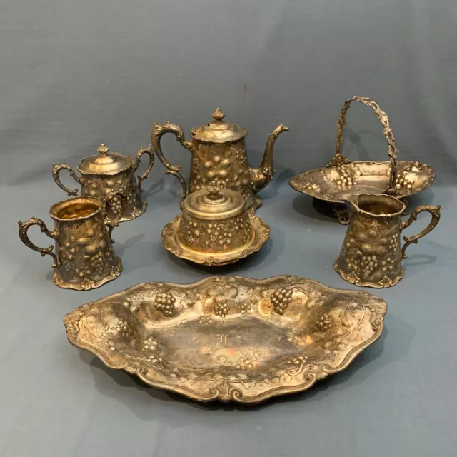 Antique Homan Quadruple Plate 7 Pc Grape Pattern Tea Set with Extras ca. 1903